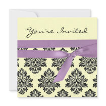 Lemon & purple linen Damask baby shower invite
