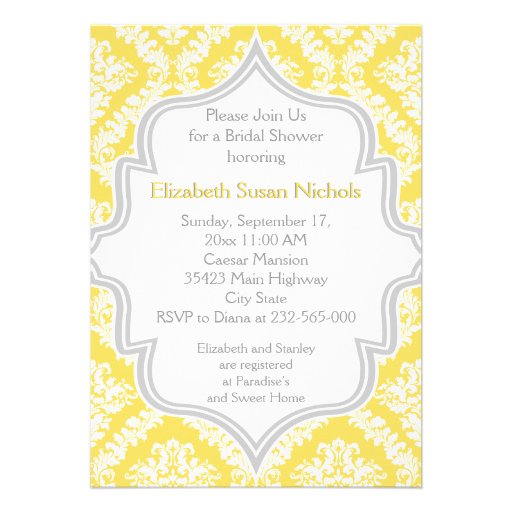 Lemon yellow, grey damask wedding bridal shower invitations | Zazzle ...