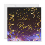 Let's Party Invitation Gold Stars Streamers Blue