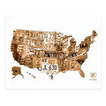 License Plate Map of the USA Sepia Postcard