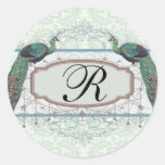 light blue and cream lovely damask peacock round stickers