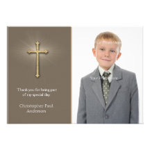 Light Brown, Gold Cross, Religious Photo Card Invite
