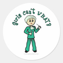 Light Female Surgeon in Green Scrubs Round Sticker