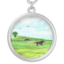 Lighthearted Horse Landscape Art Round Necklace