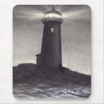 Lighthouse at night shining a light for a boat mousepads