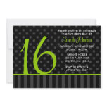 Lime and Black Polka Dot Stripes Sweet 16 Birthday Custom Announcement