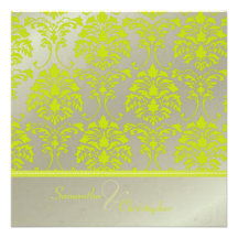 Lime damask on faux silver/wedding invitation