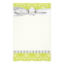lime green and creme floral damask pattern customised stationery