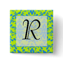lime green bright blue bird damask pattern pinback buttons