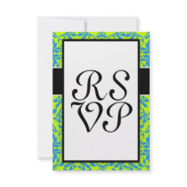 lime green bright blue bird damask pattern designs personalized invitation