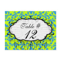 lime green bright blue bird damask pattern designs post card