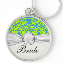 lime green bright blue bird damask pattern keychain