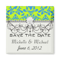 lime green bright blue bird damask pattern fridge magnets