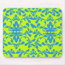 lime green bright blue bird damask pattern mouse mat