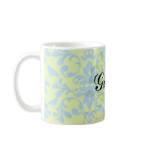lime green bright blue bird damask pattern mug