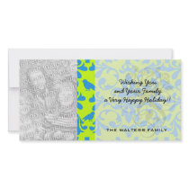 lime green bright blue bird damask pattern photo cards