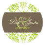 Lime green Damask monogram wedding stickers