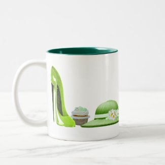 Lime Green Stiletto Shoe, Cupcake and Hat Art Mugs
