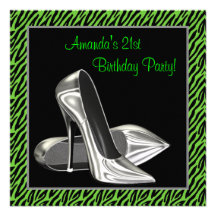 Lime Green Zebra High Heels Birthday Party Personalized Invite