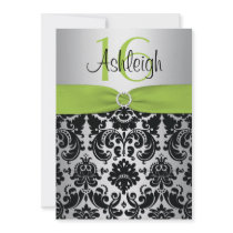 Lime, Silver, and Black Damask Sweet 16 Invitation