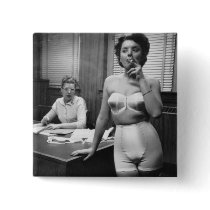 Lingerie model smoking in an office pinback button