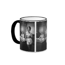 Lingerie model smoking in an office mugs