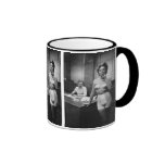 Lingerie model smoking in an office mugs