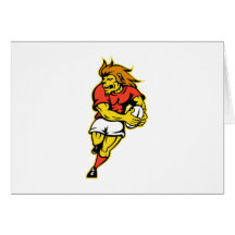 Lion playing rugby running with ball cartoon card