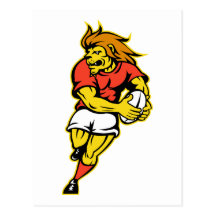 Lion playing rugby running with ball cartoon post cards