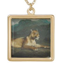 Lioness reclining, c.1855 (oil on panel) necklaces