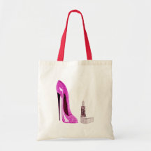 Lipstick and Pink Stiletto Shoe Art Tote Bags