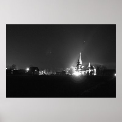 Lit Church at Night Bobrka Poster by maciomhair