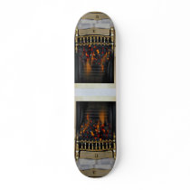 Lit coal in brass basket skate board