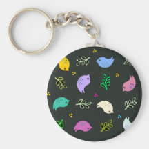 Little Colourful Birds Pattern on Black Keychain