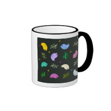 Little Colourful Birds Pattern on Black Coffee Mugs