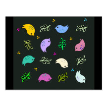 Little Colourful Birds Pattern on Black Post Card