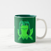 Little green frog and wig on a mug