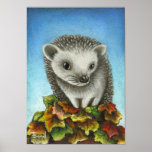 Little hedgehog on a big pile of leaves print