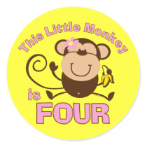 Little Monkey 4th Birthday Girl Round Sticker