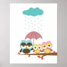 Little owl girl with mom dad under umbrella posters