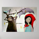 Little red ridding hood wolf bird raining print