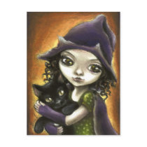 Little witch and black kitten post card