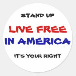 LIVE FREE, IN AMERICA, STAND UP, IT'S YOUR RIGHT ROUND STICKER