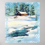 LOG CABIN, SNOWFLAKES & STREAM - Canvas Print