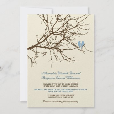 Love Birds Branch Wedding Invitation brown blue by TheWeddingShoppe