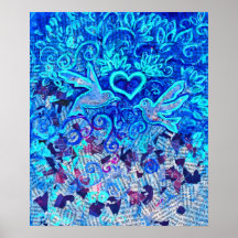 Love Birds, on recycled text, 22" x 28" Poster
