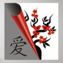 Love Birds On Sakura Tree And Chinese Love Symbol posters