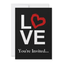 LOVE, Black and White with Red Sketched Heart Custom Invites