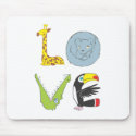 LOVE by giraffe, bear cat, crocodile, and toucan mousepads