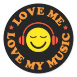 Love me love my music smiley with headphones stickers